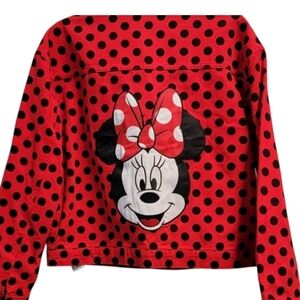 🔹️ DISNEY 🔹️Minnie Mouse Denim red black polkadot dot  Jean Jacket size S✨️⚫️